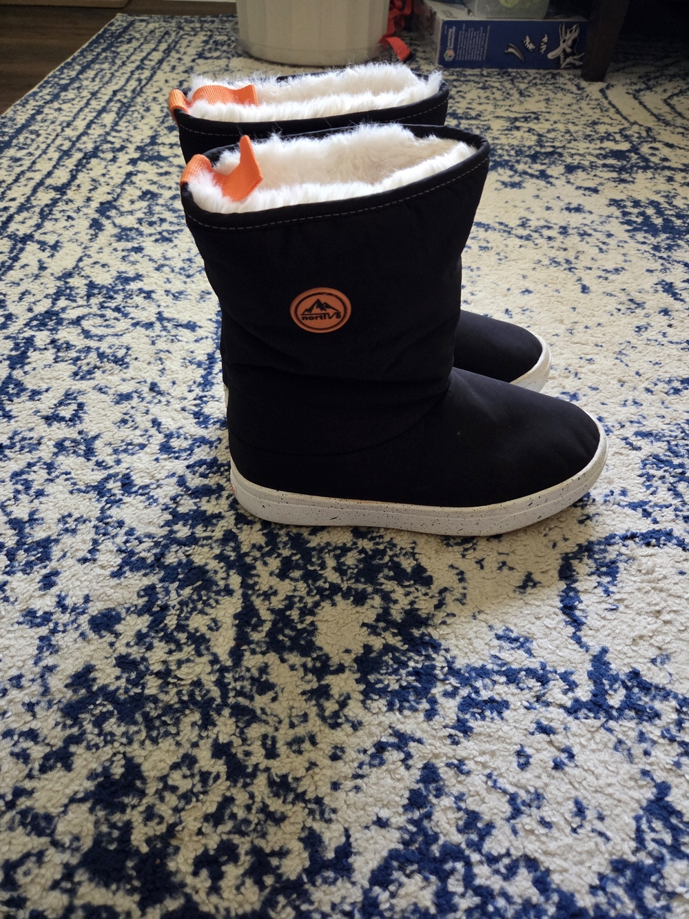 Black Winter Pull-On Boots with White Faux Fur and Orange Trim